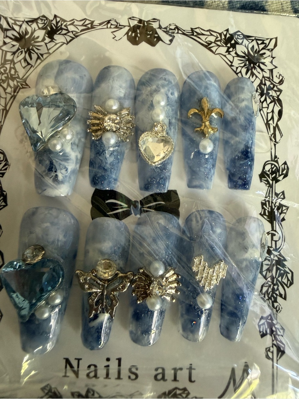 Glossy acrylic Blue Marble Press-On Nails with Gold & Pearl Accents